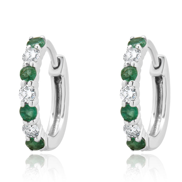 14K White Gold Emerald and Diamond Huggie Hoop Earrings