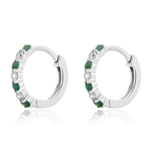 14K White Gold Emerald and Diamond Huggie Hoop Earrings