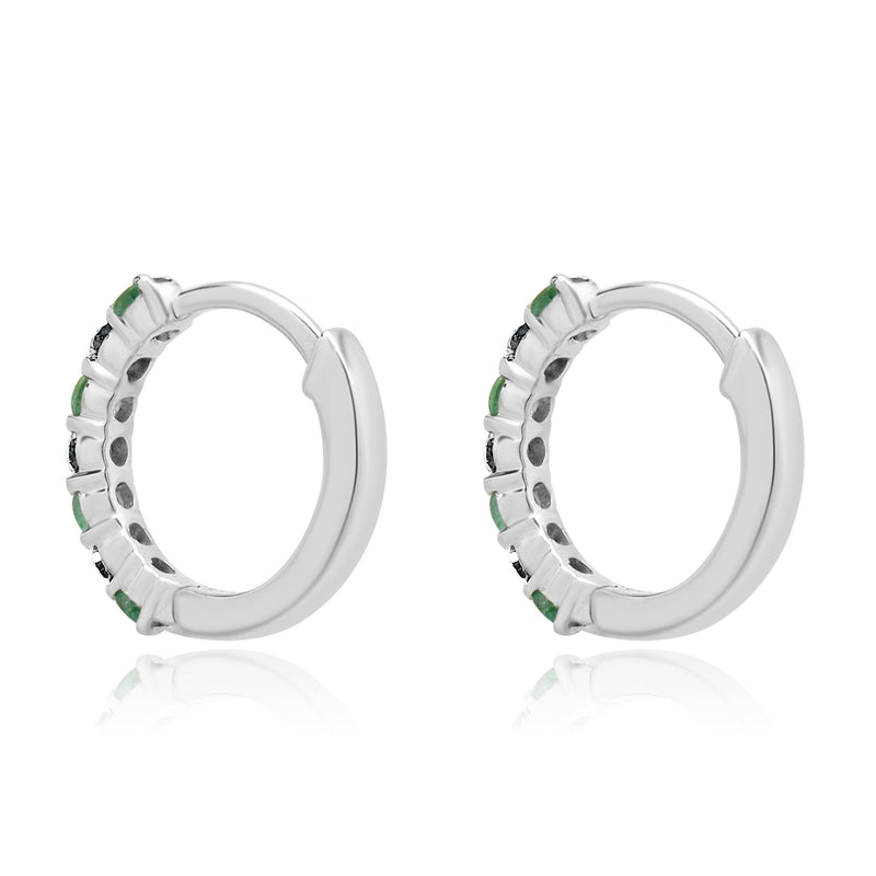 14K White Gold Emerald and Diamond Huggie Hoop Earrings