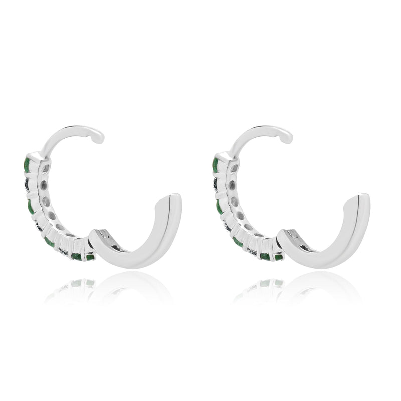 14K White Gold Emerald and Diamond Huggie Hoop Earrings