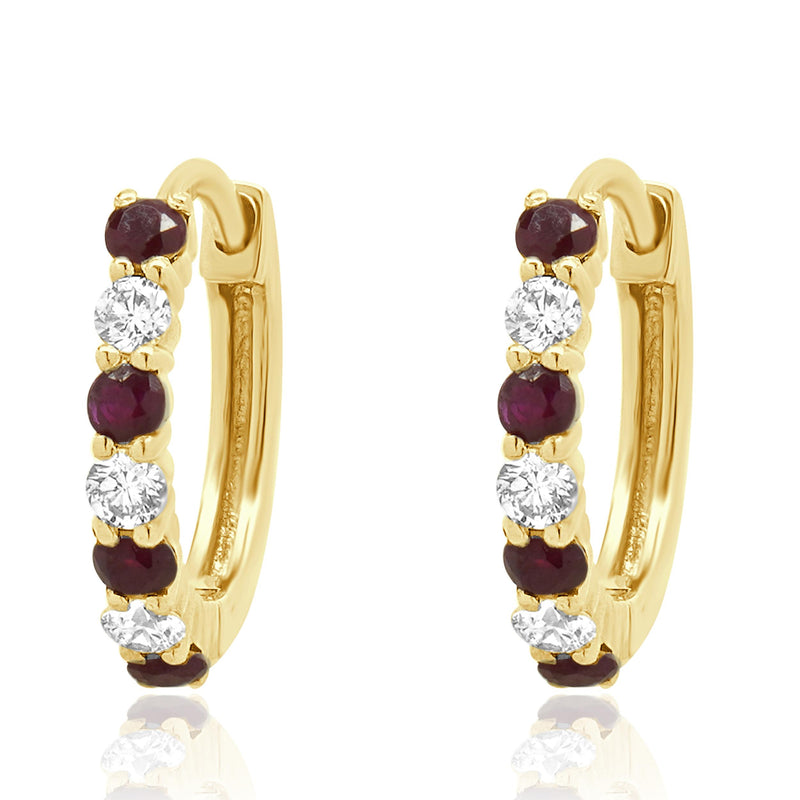 14 Karat Yellow Gold Ruby and Diamond Huggie Hoop Earrings