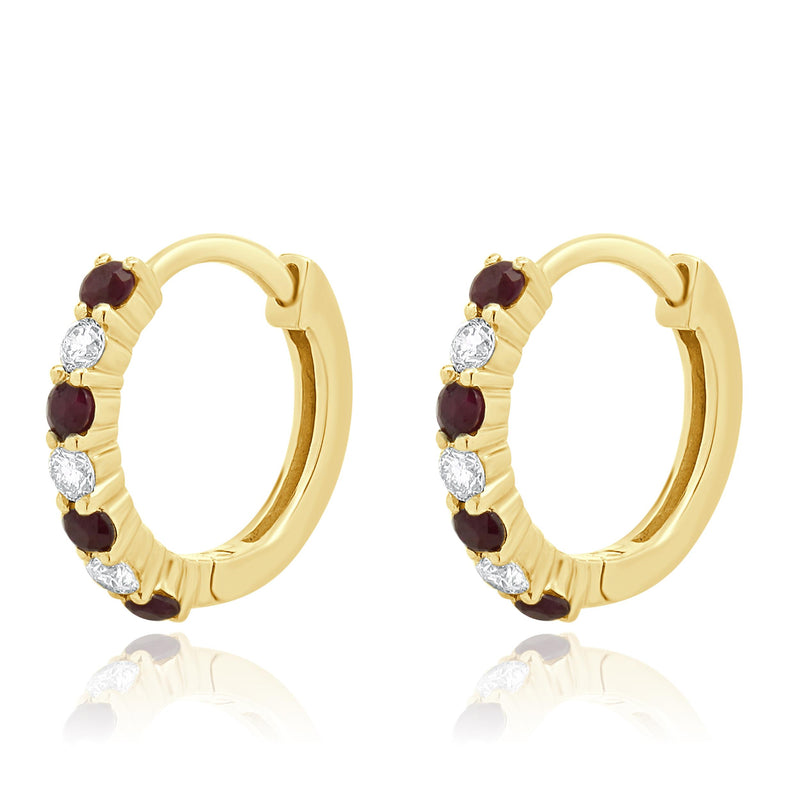 14 Karat Yellow Gold Ruby and Diamond Huggie Hoop Earrings