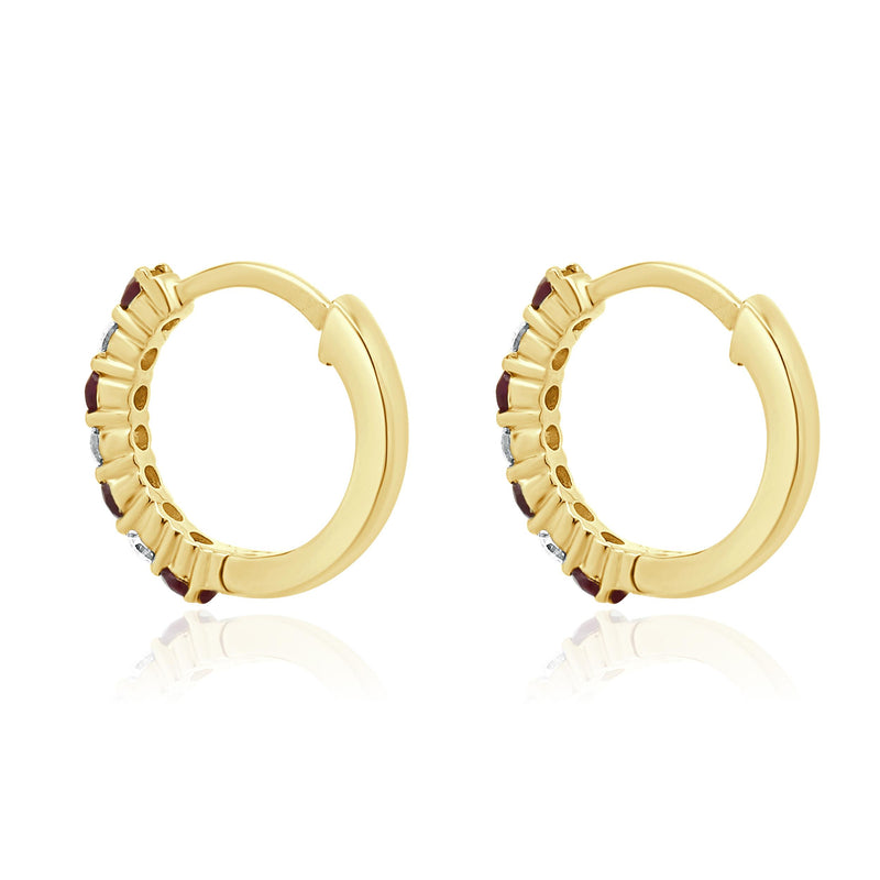 14 Karat Yellow Gold Ruby and Diamond Huggie Hoop Earrings