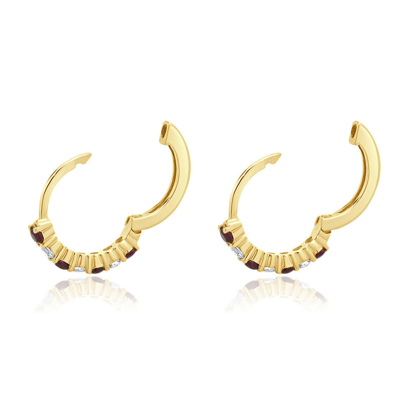 14 Karat Yellow Gold Ruby and Diamond Huggie Hoop Earrings