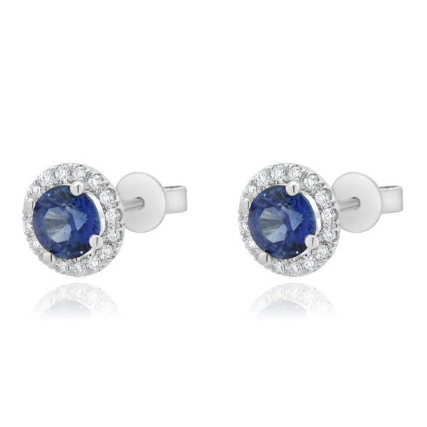 14 Karat White Gold Blue Sapphire and Diamond Halo Stud Earrings