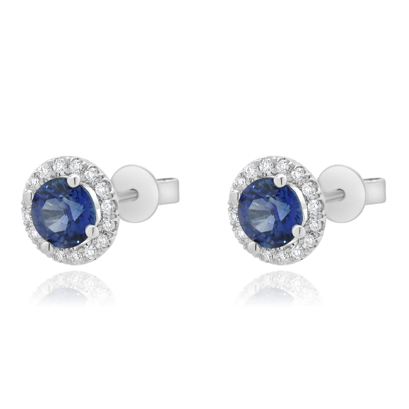 14 Karat White Gold Blue Sapphire and Diamond Halo Stud Earrings