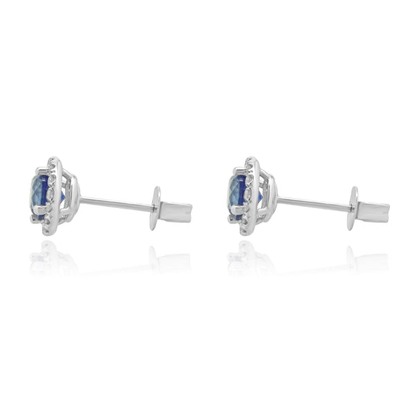 14 Karat White Gold Blue Sapphire and Diamond Halo Stud Earrings