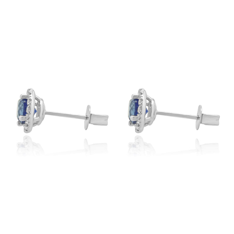 14 Karat White Gold Blue Sapphire and Diamond Halo Stud Earrings