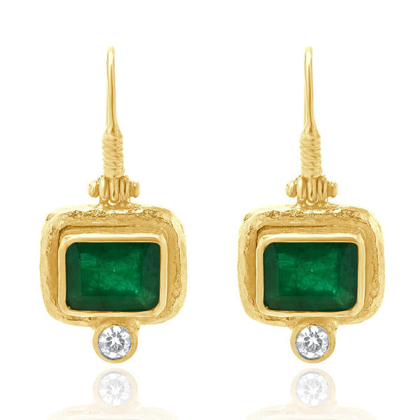 24 Karat Yellow Gold Emerald and Diamond Drop Earrings