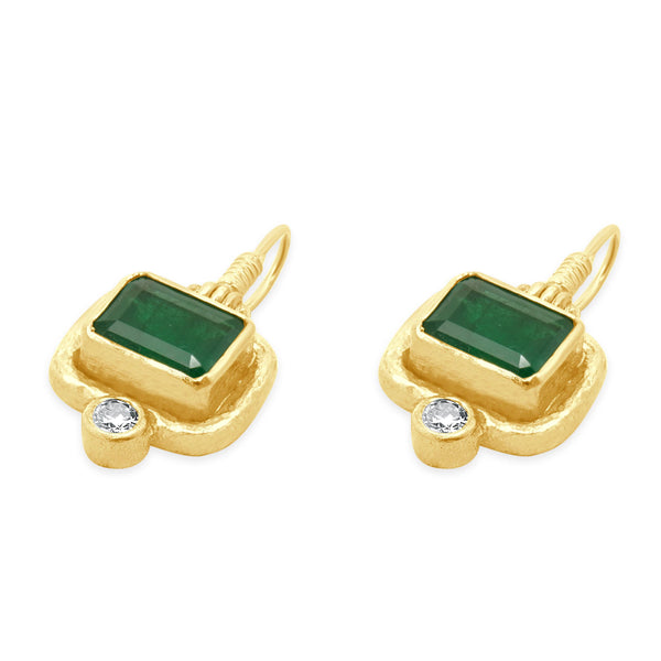 24 Karat Yellow Gold Emerald and Diamond Drop Earrings
