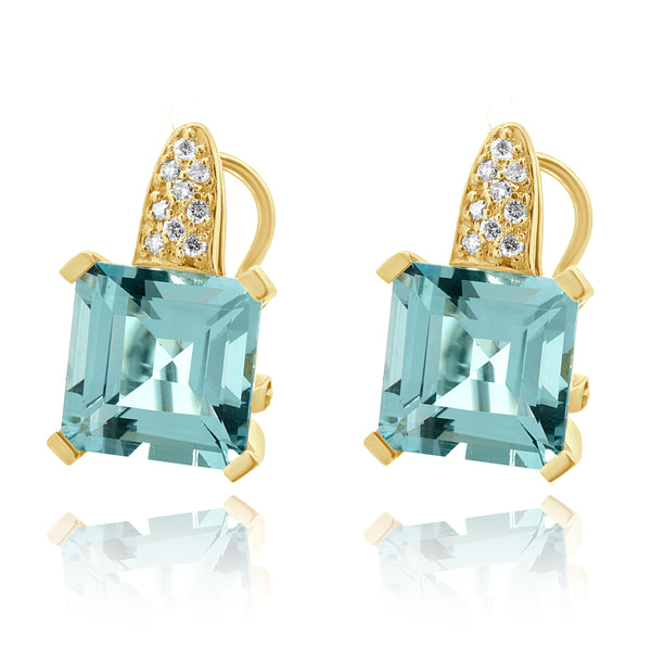 14 Karat Yellow Gold Blue Topaz and Diamond Earrings