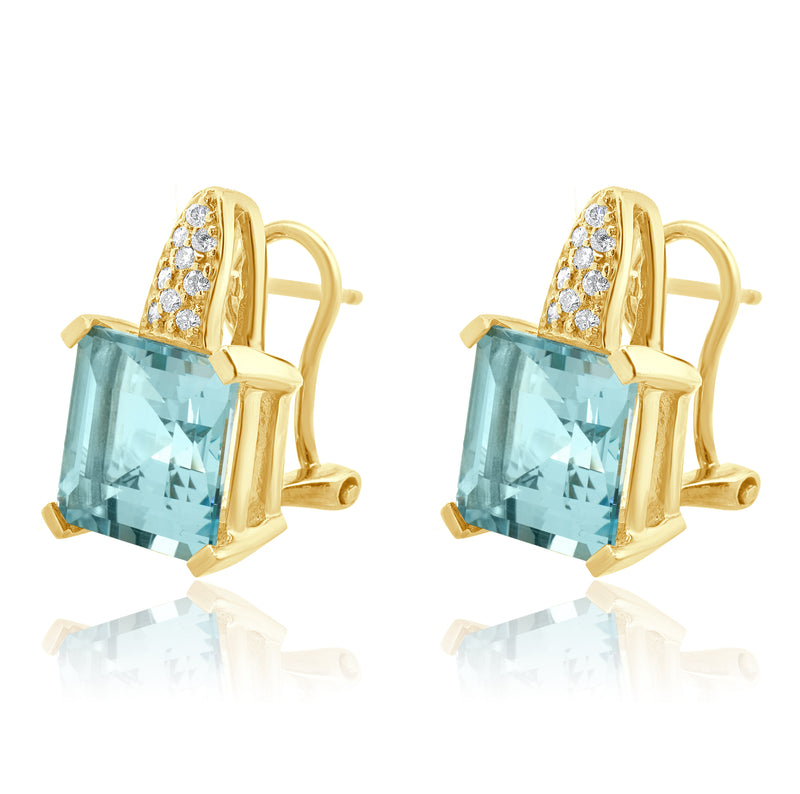 14 Karat Yellow Gold Blue Topaz and Diamond Earrings