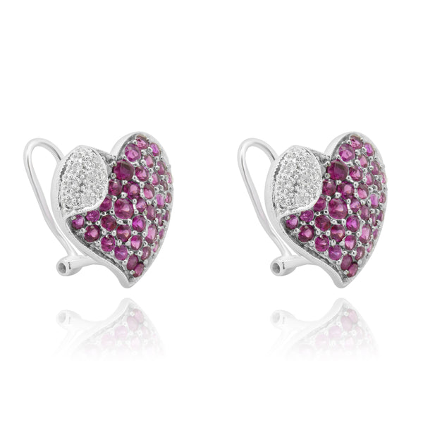 14 Karat White Gold Pave Pink Sapphire and Diamond Heart Earrings