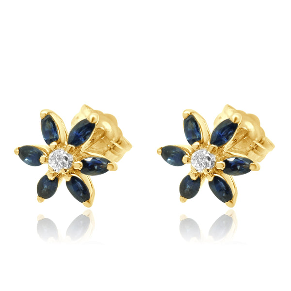 14 Karat Yellow Gold Sapphire and Diamond Flower Stud Earrings