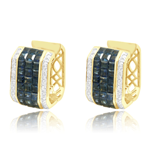 18 Karat Yellow Gold Sapphire & Diamond Box Hoop Earrings