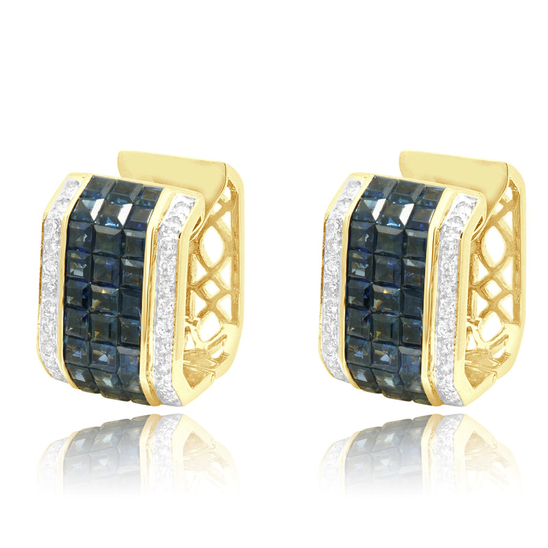 18 Karat Yellow Gold Sapphire & Diamond Box Hoop Earrings