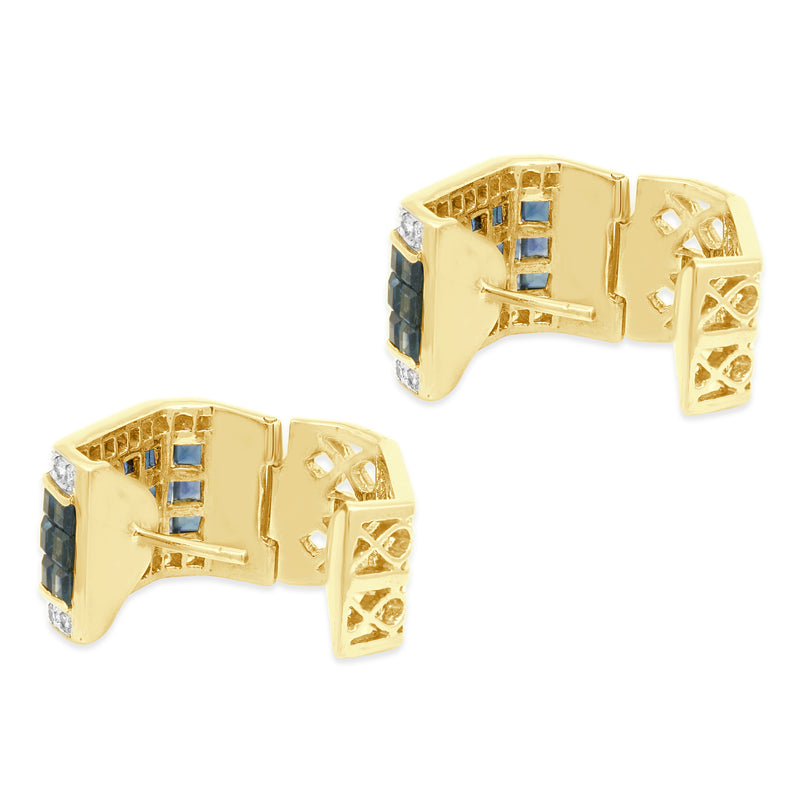 18 Karat Yellow Gold Sapphire & Diamond Box Hoop Earrings