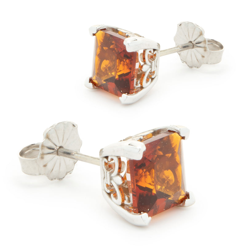 14 Karat White Gold Princess Cut Madiera Citrine Stud Earrings