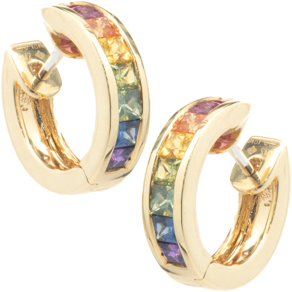 18 Karat Yellow Gold Rainbow Sapphire Huggie Hoop Earrings