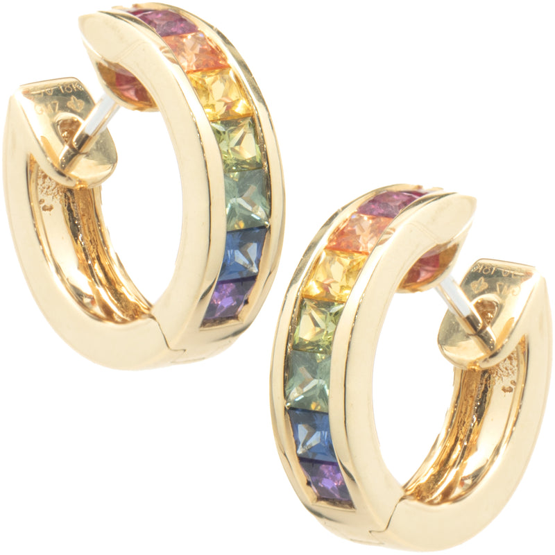 18 Karat Yellow Gold Rainbow Sapphire Huggie Hoop Earrings