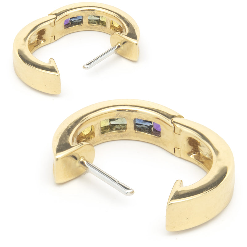 18 Karat Yellow Gold Rainbow Sapphire Huggie Hoop Earrings