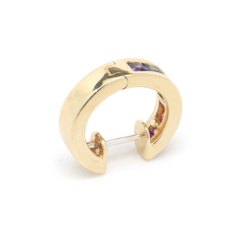 18 Karat Yellow Gold Rainbow Sapphire Huggie Hoop Earrings