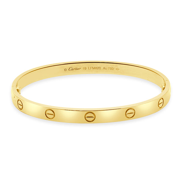 Cartier 18 Karat Yellow Gold Love Bracelet, Size 19