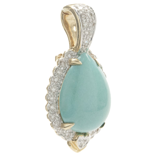 LeVian 14 Karat Yellow Gold Turquoise and Diamond Pear Pendant