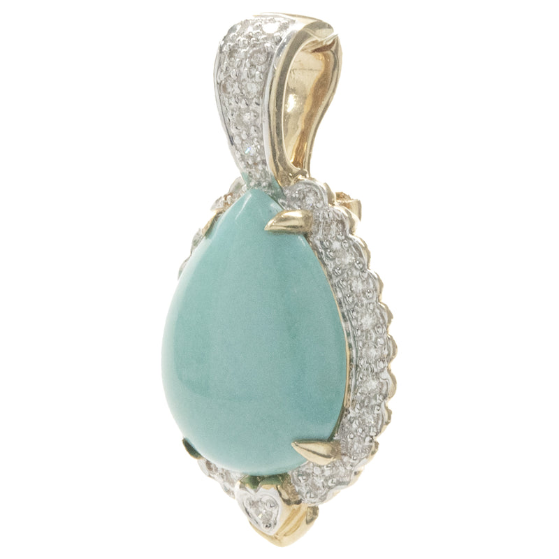 LeVian 14 Karat Yellow Gold Turquoise and Diamond Pear Pendant