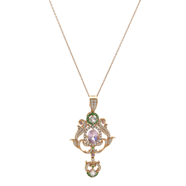 18 Karat Rose Gold Kunzite, Diamond, and Tsavorite Drop Pendant