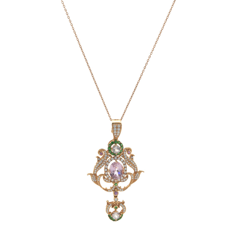 18 Karat Rose Gold Kunzite, Diamond, and Tsavorite Drop Pendant