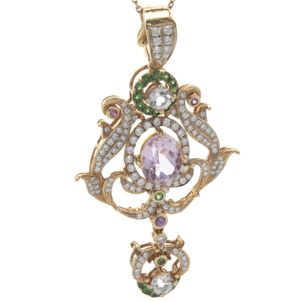 18 Karat Rose Gold Kunzite, Diamond, and Tsavorite Drop Pendant