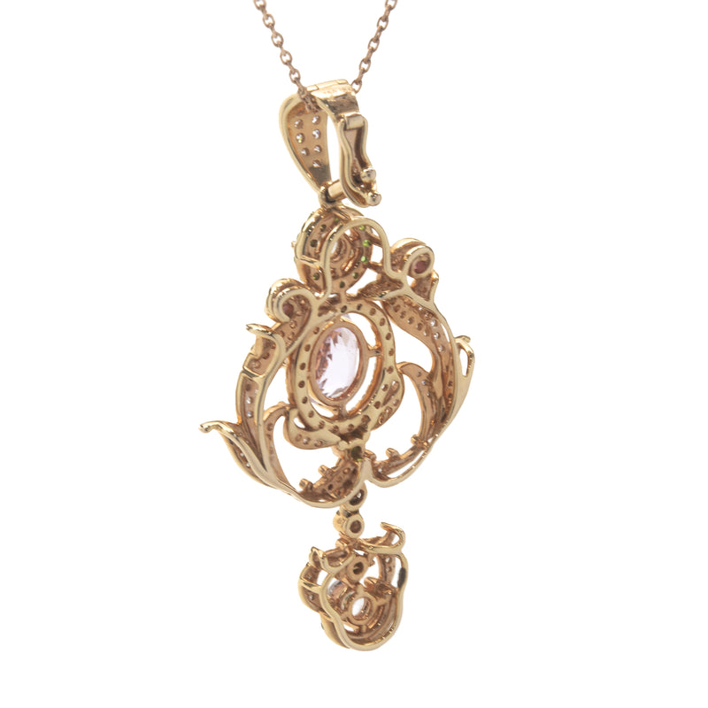 18 Karat Rose Gold Kunzite, Diamond, and Tsavorite Drop Pendant