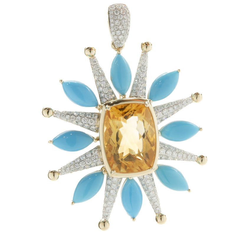 14 Karat Yellow Gold Citrine, Turquoise, and Pave Diamond Celestial Star Pendant