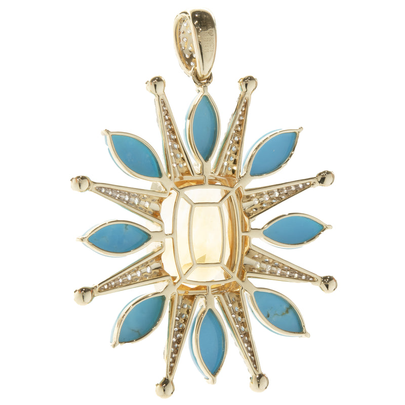 14 Karat Yellow Gold Citrine, Turquoise, and Pave Diamond Celestial Star Pendant