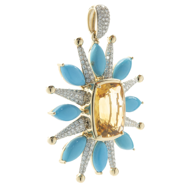 14 Karat Yellow Gold Citrine, Turquoise, and Pave Diamond Celestial Star Pendant