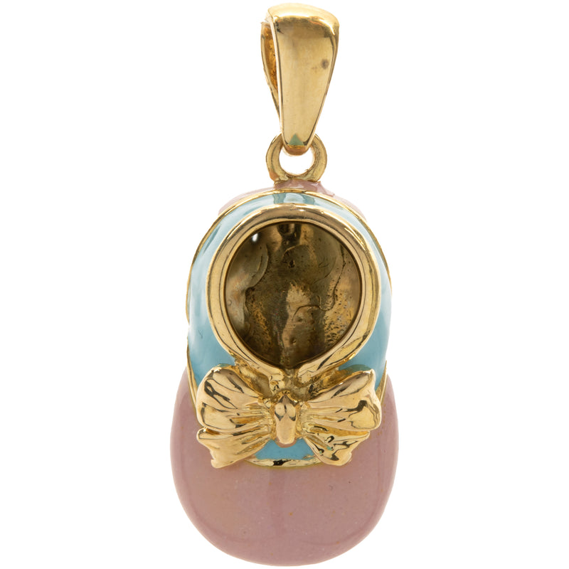 18 Karat Yellow Gold Blue & Pink Enamel Baby Shoe Pendant