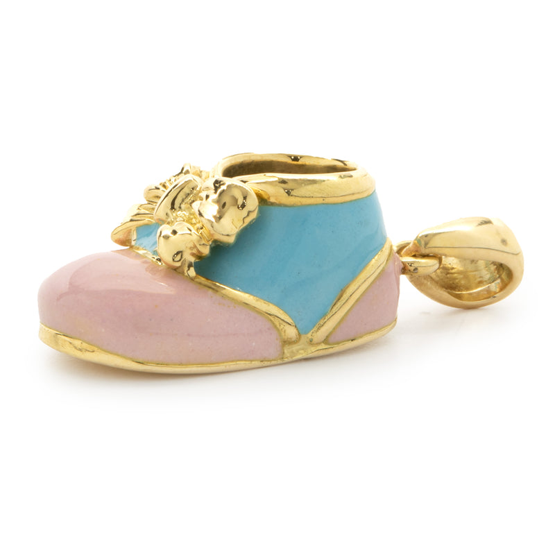 18 Karat Yellow Gold Blue & Pink Enamel Baby Shoe Pendant