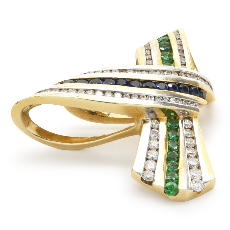 18 Karat Yellow Gold Diamond, Sapphire, and Emerald Geometric Slide Pendant