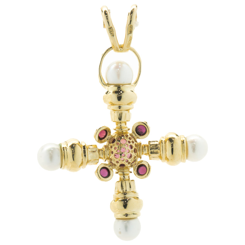 Girovi 14 Karat Yellow Gold Cabochon Garnet and Pearl Cross Pendant