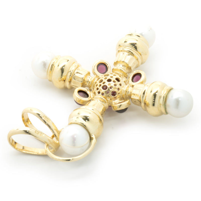 Girovi 14 Karat Yellow Gold Cabochon Garnet and Pearl Cross Pendant