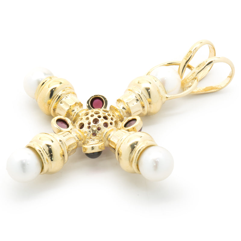 Girovi 14 Karat Yellow Gold Cabochon Garnet and Pearl Cross Pendant