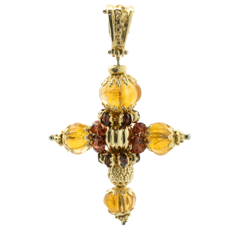 14 Karat Yellow Gold Carved Cross Pendant with Citrine