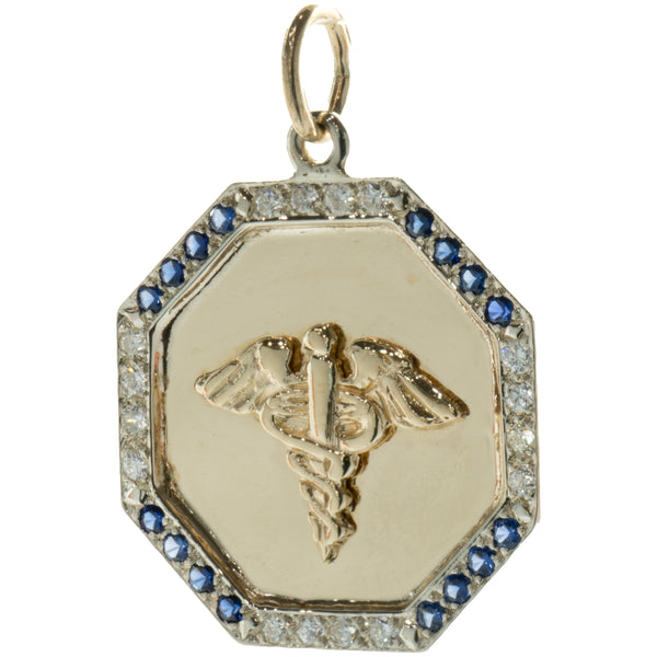 14 Karat Yellow and White Gold Diamond and Sapphire Medic Pendant