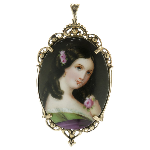 14 Karat Yellow Gold Hand Painted Porcelain Pendant