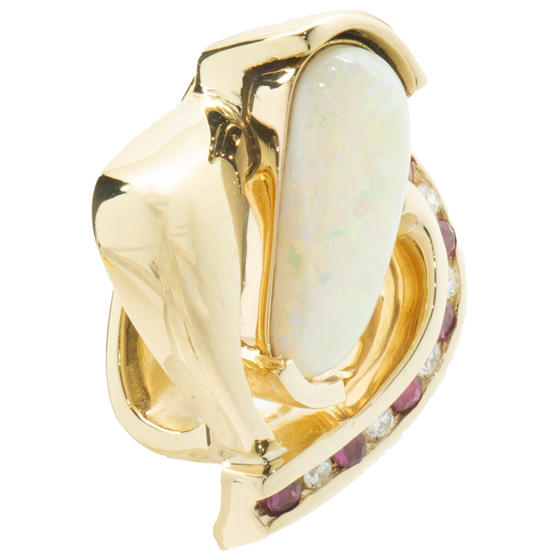 14 Karat Yellow Gold Opal, Diamond, and Ruby Freeform Pendant