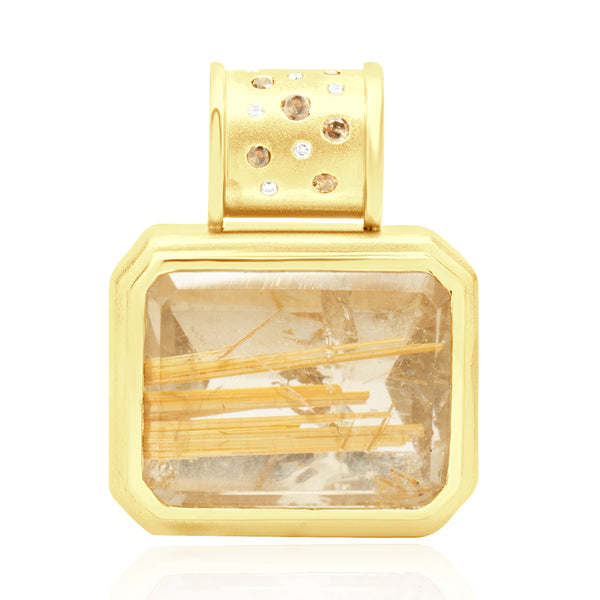 14 Karat Yellow Gold Oversized Rutilated Quartz and Sprinkled Diamond Slide Pendant