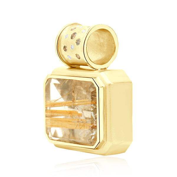 14 Karat Yellow Gold Oversized Rutilated Quartz and Sprinkled Diamond Slide Pendant