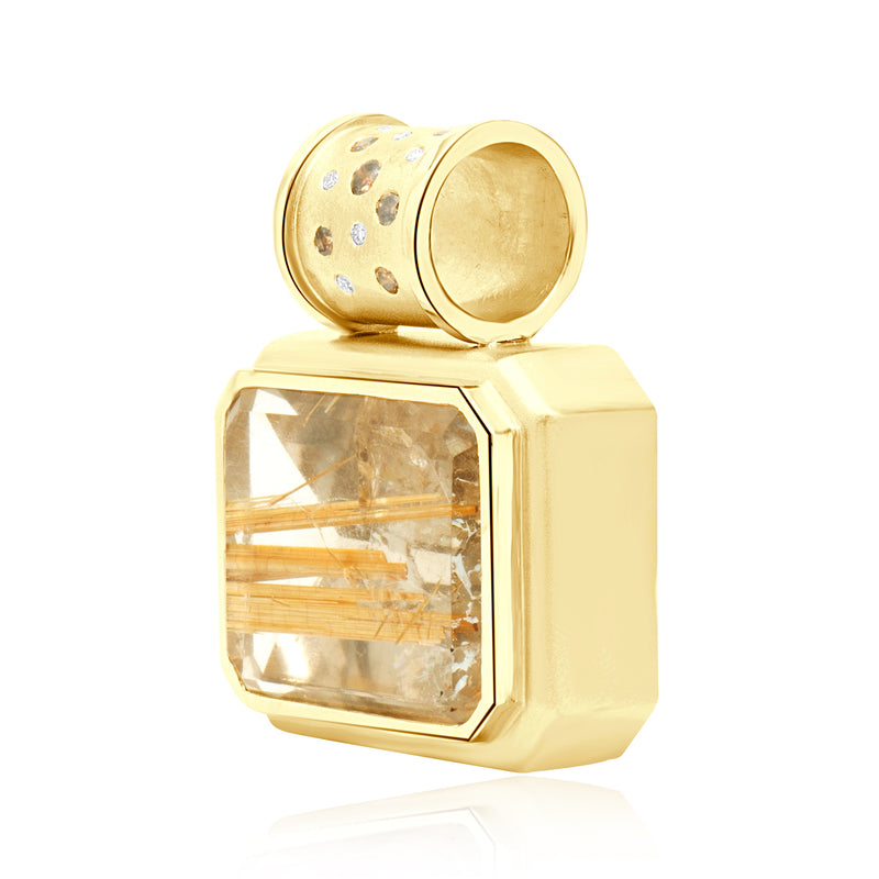 14 Karat Yellow Gold Oversized Rutilated Quartz and Sprinkled Diamond Slide Pendant