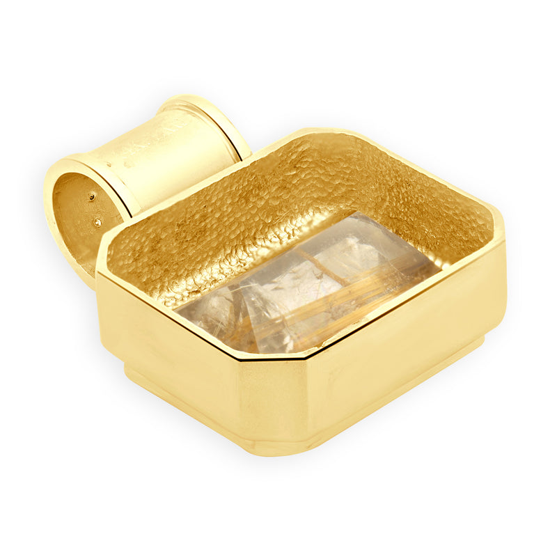 14 Karat Yellow Gold Oversized Rutilated Quartz and Sprinkled Diamond Slide Pendant